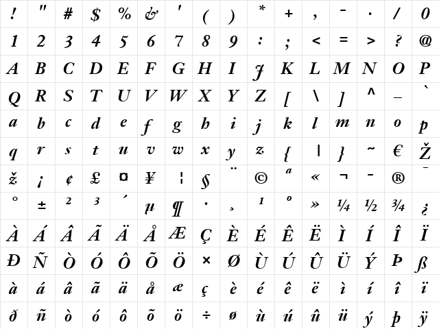 JansonText LT BoldItalic Regular  glyph index