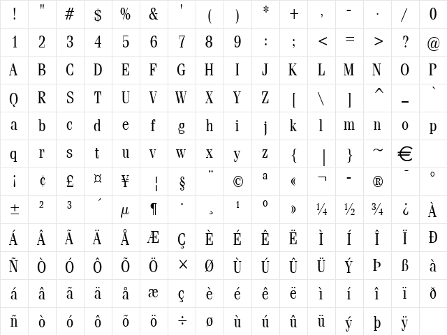 FelineCondensed Normal  glyph index