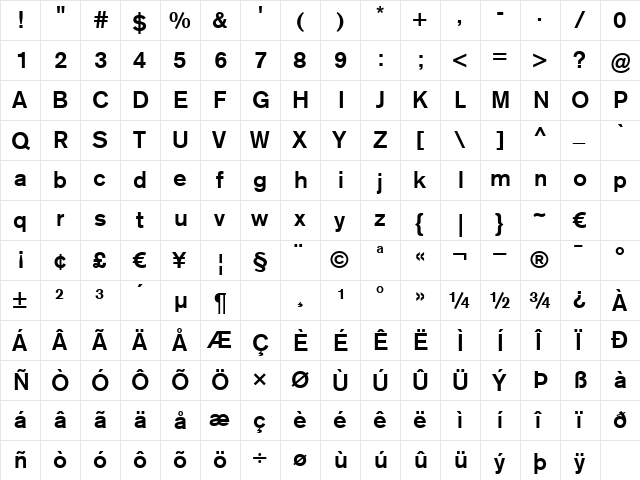 VolvoSansLight Bold  glyph index