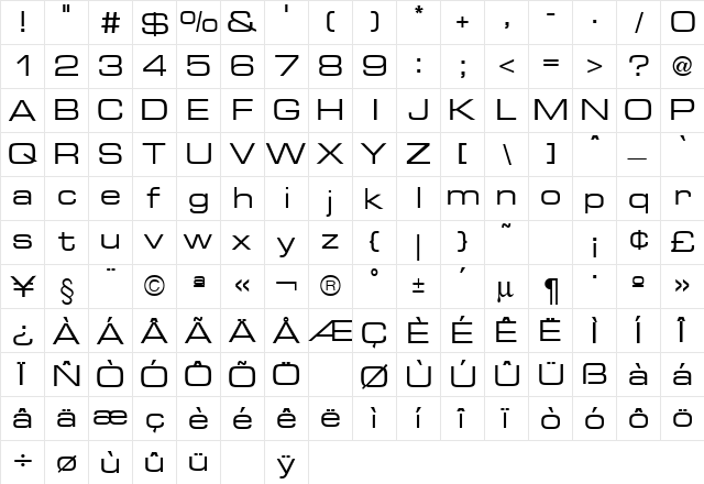 Euro Technic Extended Regular  glyph index