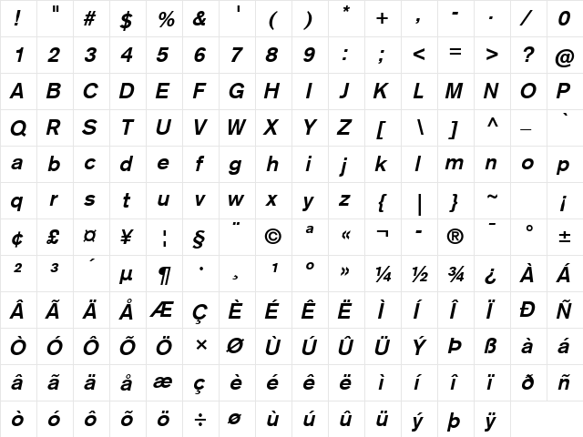 Basic Commercial LT Com Bold Italic  glyph index