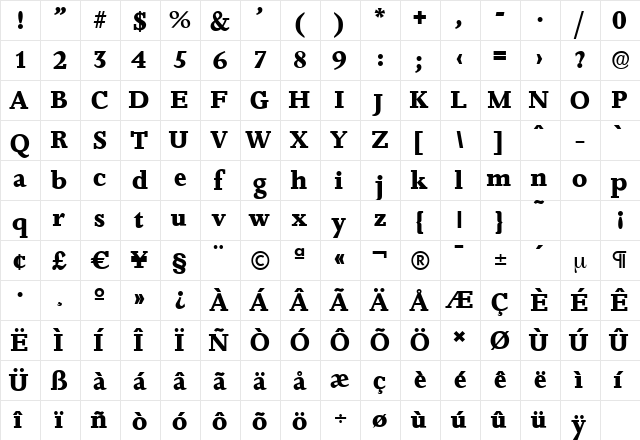 JessicaSerial-Xbold Regular  glyph index