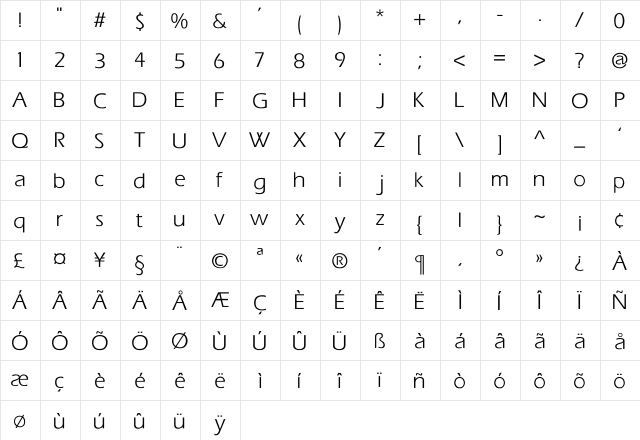 Eras Regular  glyph index