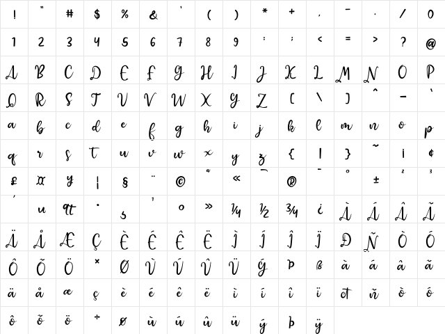 Raquen Regular  glyph index