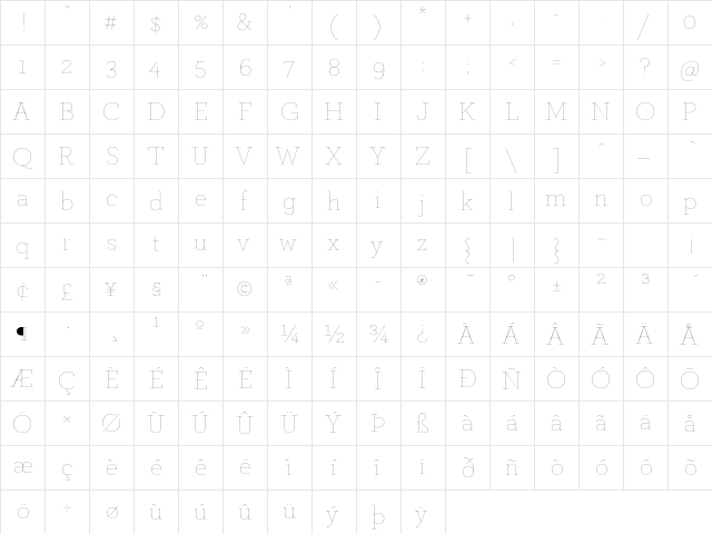 ArcherPro Hairline  glyph index