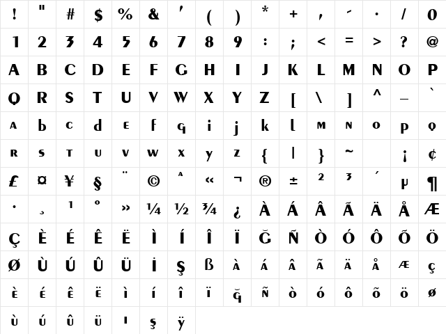 TR Penguin Bold  glyph index