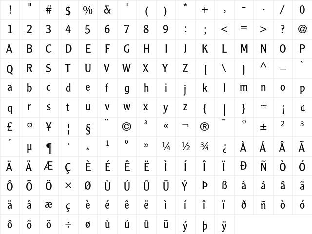 Clearface Gothic LH 45 Light  glyph index