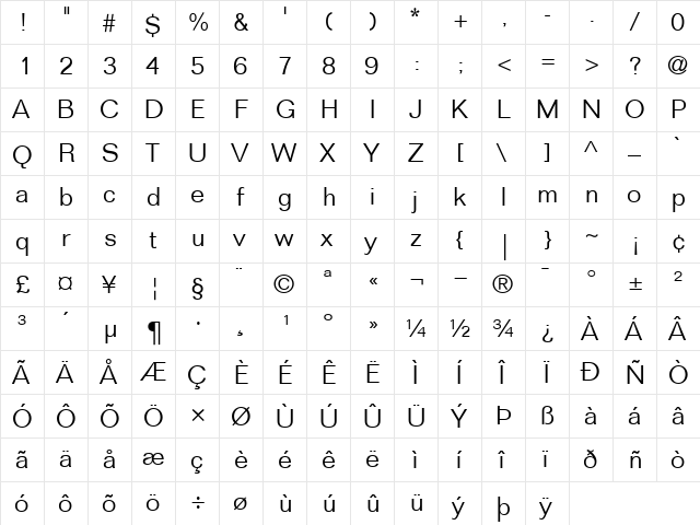 Folio-Light Light  glyph index