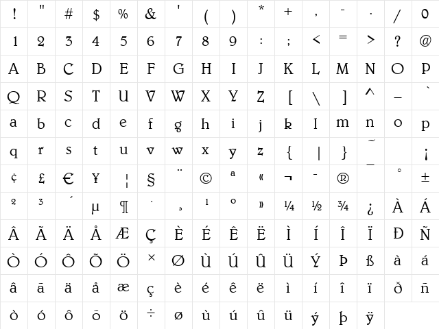 Benson-Light Regular  glyph index