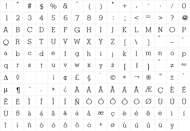 StymieLight Regular  glyph index