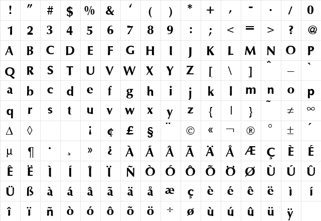 OpusTwo Bold  glyph index