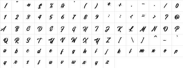 Fresty Script Regular  glyph index