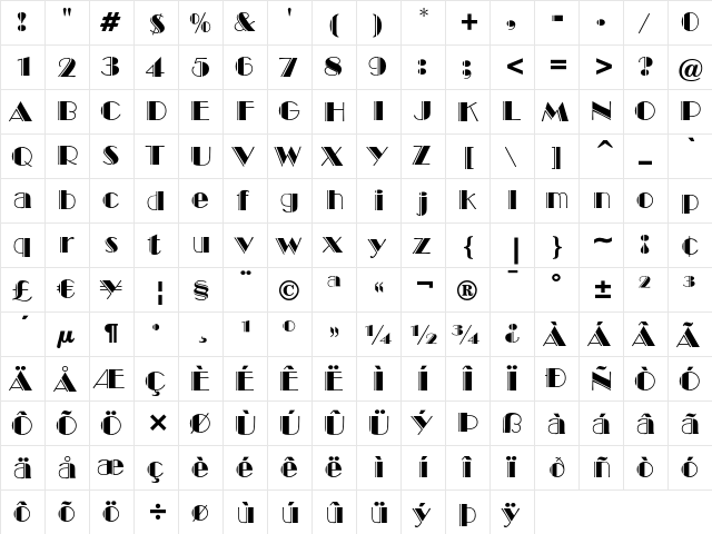 Broadway Engraved  glyph index