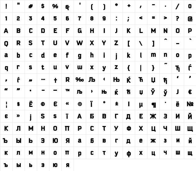 Kautiva Cyrillic Black Regular  glyph index