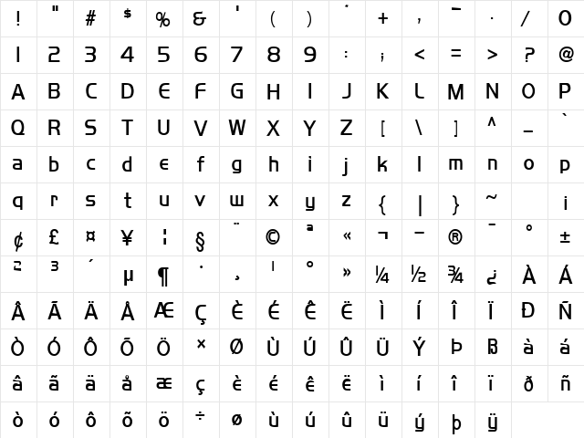 Orbit-Condensed Bold  glyph index