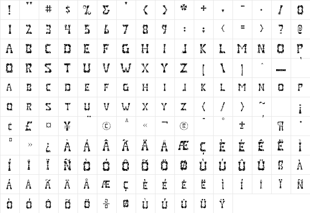 ValenteenaBroken Regular  glyph index