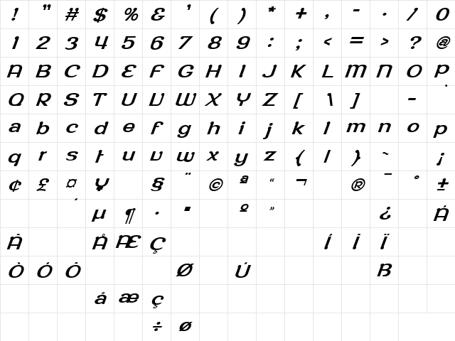 RoppongiOblique Regular  glyph index