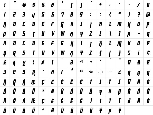 Danger Flight Condensed Italic Condensed Italic  glyph index