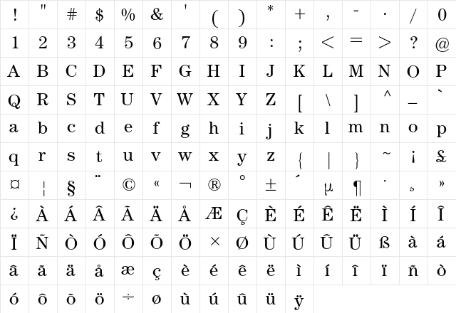 Century ITC BQ Regular  glyph index