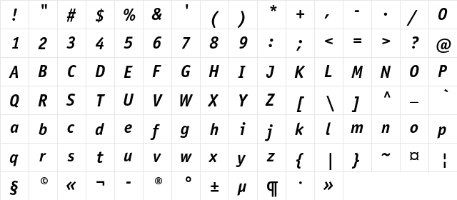 OfficinaSansC Bold Italic  glyph index
