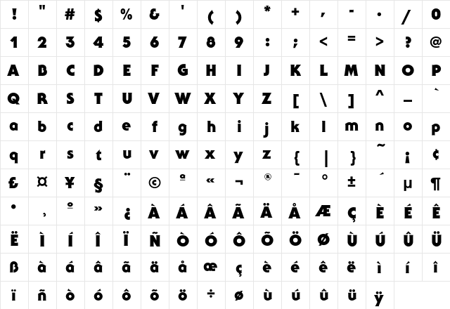 SerifGothicEF-Black Regular  glyph index