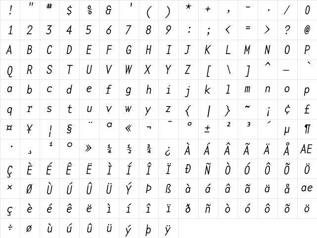 BaseMono-NarrowThin ThinItalic  glyph index
