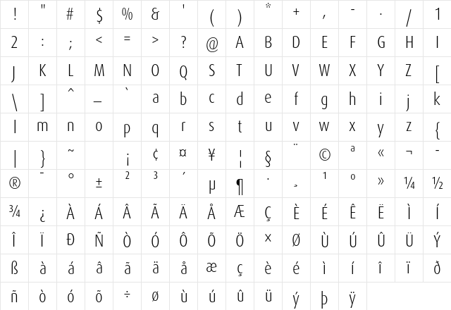 DaxOT CondLight  glyph index