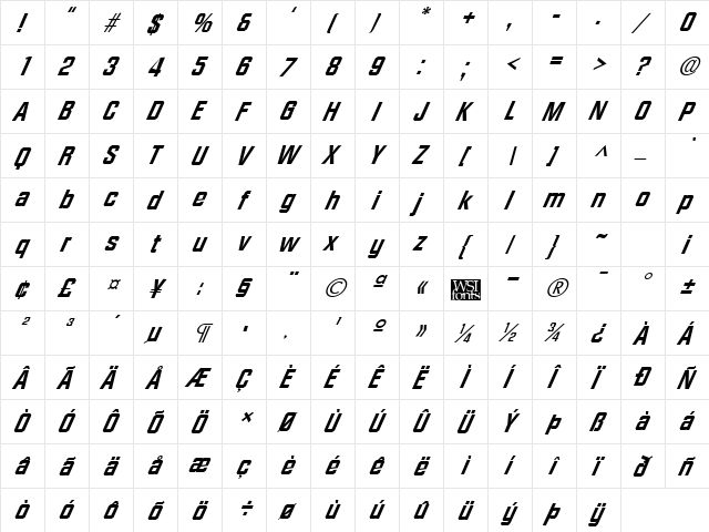 FacetExtrabold-XXitalic Regular  glyph index