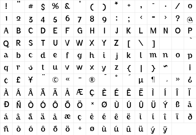 AugustLightAlternate Regular  glyph index
