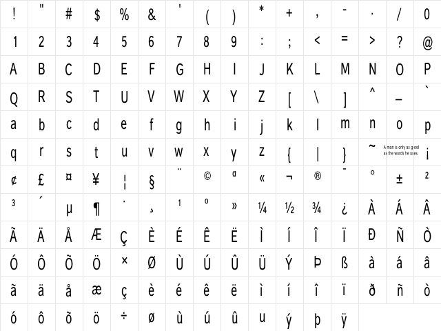 Carnova Narrow Regular  glyph index