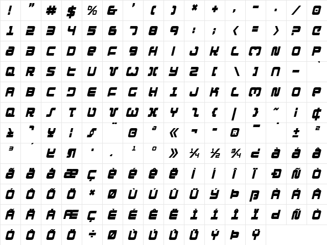 Exedore Condensed Italic Condensed Italic  glyph index