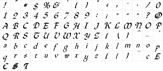 QuillOblique normal  glyph index