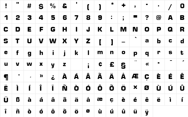 EurostileTBlaRo1 Regular  glyph index