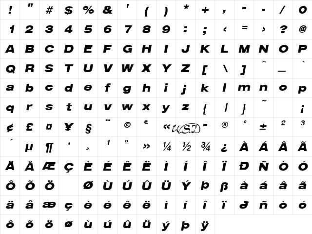 Arena Black Extended Italic  glyph index