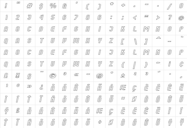 Kumba Outline Expanded Italic  glyph index