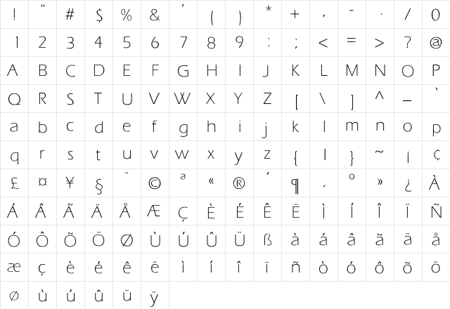 Erie_Light-Normal Regular  glyph index