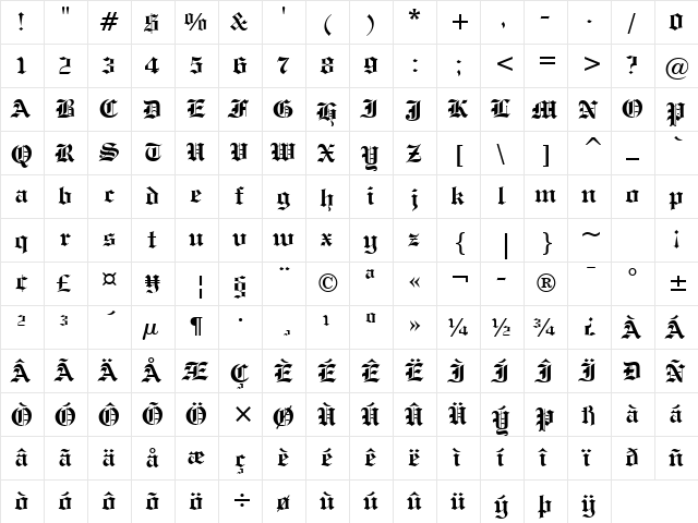 EngrvrsOldEng Bd BT Bold  glyph index