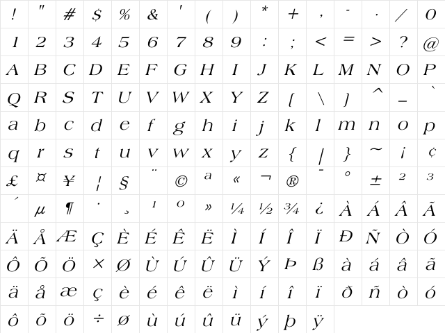 Broadsheet LDO Italic  glyph index