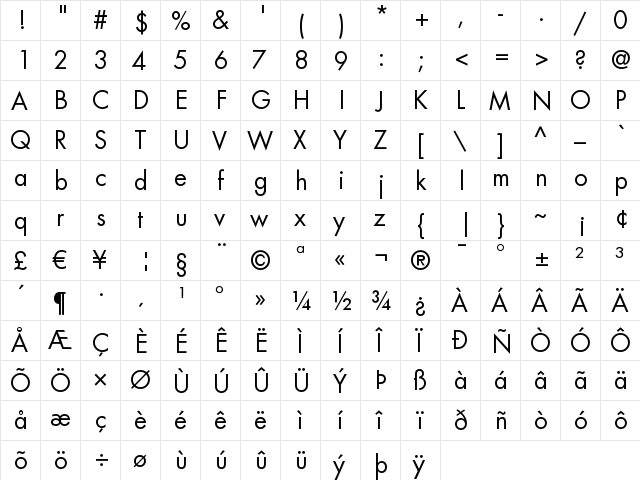 Futura LT Book  glyph index