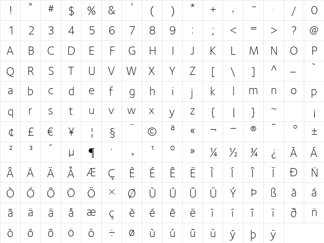 FoundrySterling-Light Regular  glyph index