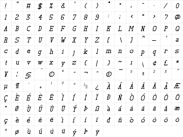 TL Serif Italic  glyph index