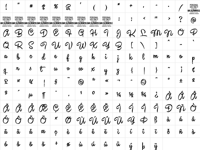 Winfield Script PERSONAL USE Regular  glyph index