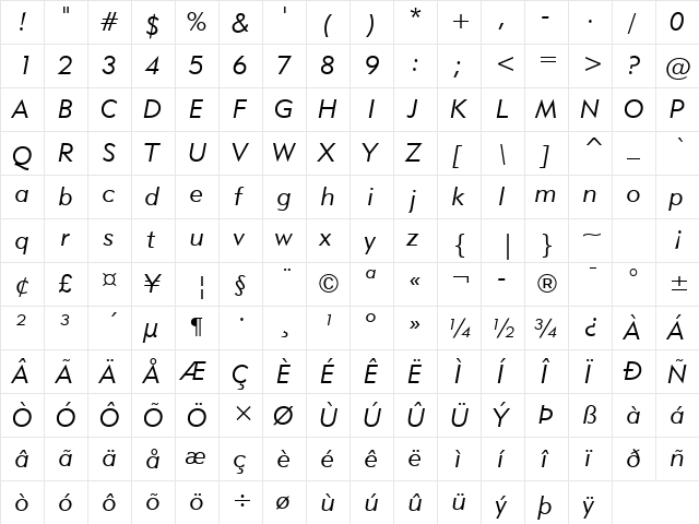 Geometr415 Lt BT Lite Italic  glyph index