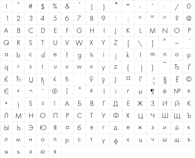 FuturaLightCTT Normal  glyph index