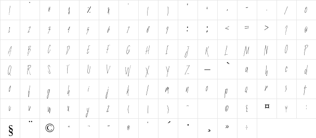 SlenderThin Regular  glyph index