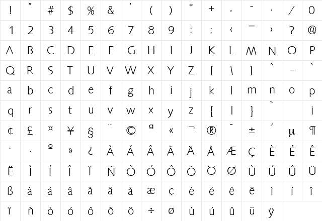 Saxony-Serial-Light Regular  glyph index