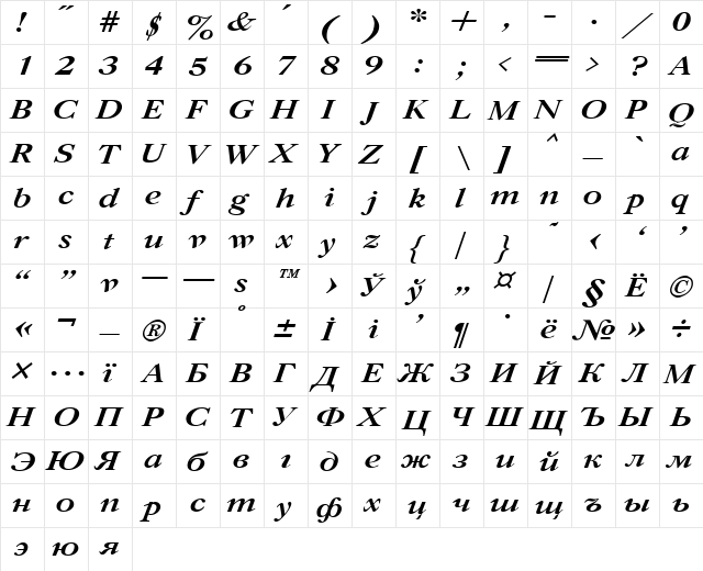 Caslon Bold Italic  glyph index