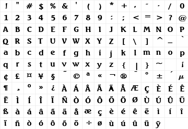 Beach Wide Bold  glyph index