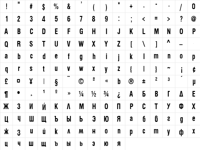 Apric Bold  glyph index
