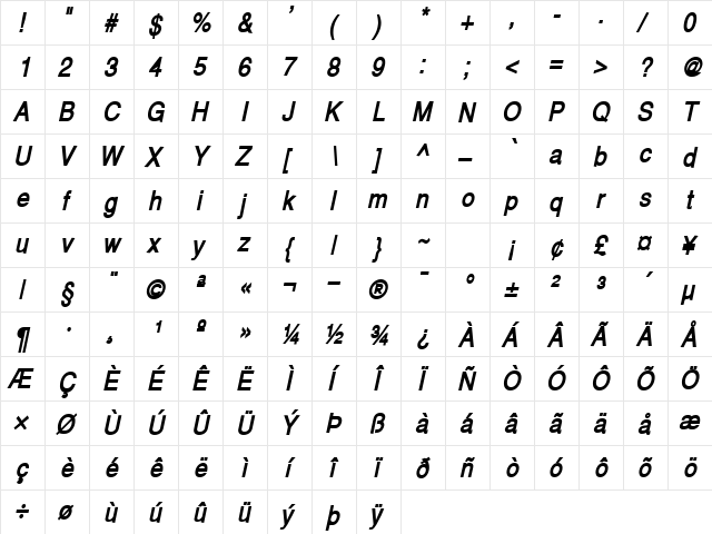 Alps-Condensed Bold Italic  glyph index